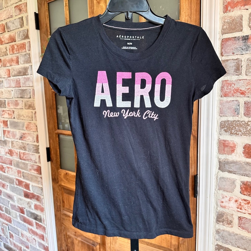 Aeropostale Graphic Tee Women Medium Black Pink Ombre Aero NYC Embroidered Shirt